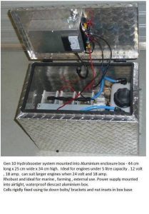 Generation 10 hydrogen kit in aluminium enclosure box 43 cm x 25 cm x 30 cm high delivers 42% savings on a 2.7 Litre petrol and a 2.7 Litre diesel vehicle