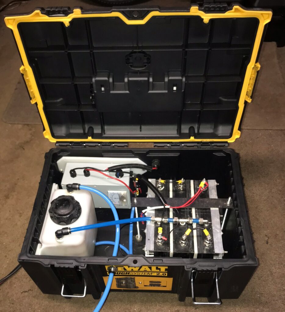 Generation 15 Hydrogen generator kit for use on work vehicles, trucks , mining aplicatons , Gensets and Marine applications. Mounted in a H.D.P.E. DEWALT ToughBox, Lockable measure 53 cm x 32cm x 33 cm high. Generate 3.2 LPM to 4.0 litres per minute at 12 volt and 40 amp. Call Gavan 0403177183 for orders